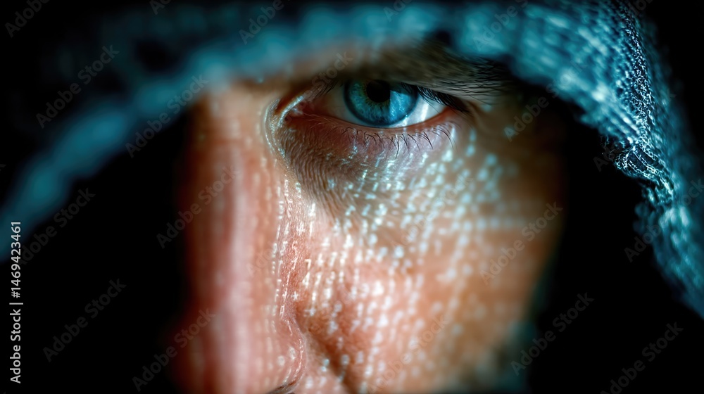 Poster hacker in dark hoodie digital environment glowing screen reflections mysterious atmosphere close-up 