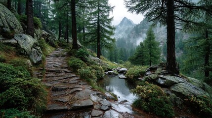 Obraz premium Foggy mountain path among pine trees nature scene tranquil environment scenic viewpoint