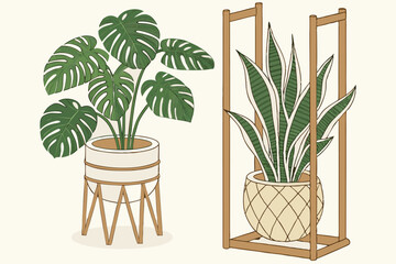 Obraz premium 15 wooden plant stands with tropical foliage, monstera, snake plant, pothos, indoor plants in woven rattan pots, natural wood, minimalist, clean, bright lighting, studio shot, high quality, detailed