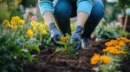 Hands carefully planting vibrant orange flower in a blossoming spring garden