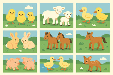 Fototapeta premium Farm animals icons set – flat, cute, cartoon and adorable farmyard graphics