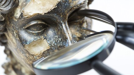Examining the Antique: Magnifying Glass Reveals Details of Fragmented Statue