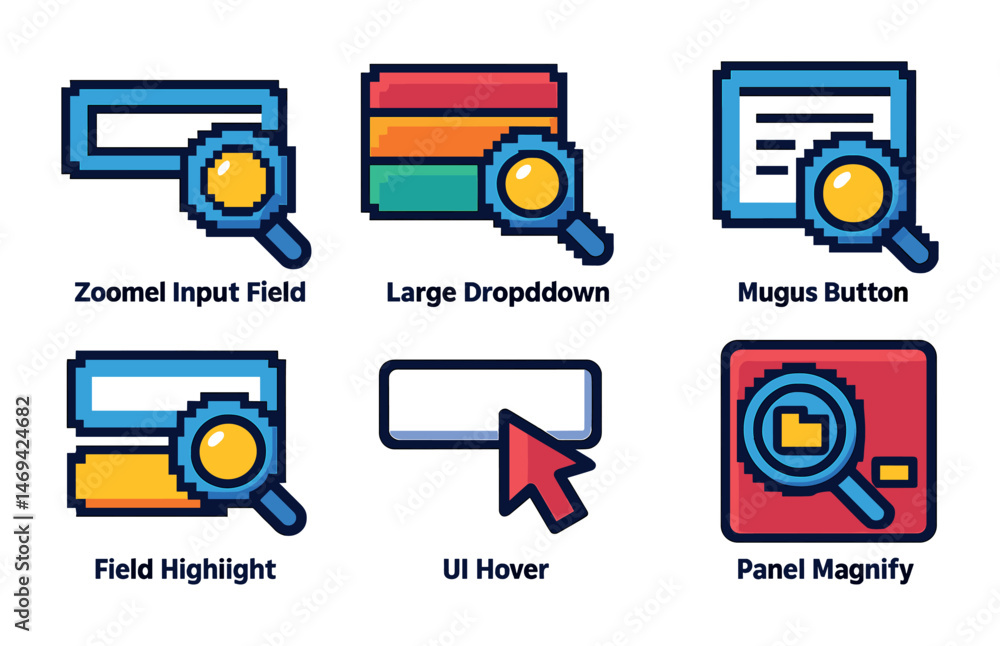 Poster retro pixel interface design elements featuring magnifying glass and icons