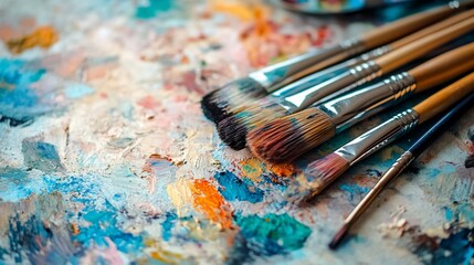 Palette of colors and a set of brushes for painting creative artwork