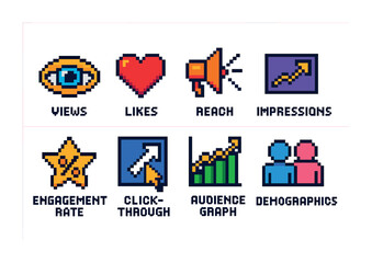 Fototapeta premium Social media analytics pixel art icons set – colorful, digital marketing symbols