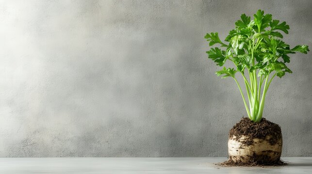 Fototapeta This image showcases a vibrant celery plant thriving in rich soil, highlighting the beauty of fresh produce against a calming, neutral backdrop perfect for culinary themes.