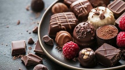 Artisan Chocolate Truffles Assortment with Raspberries on a Slate Plate