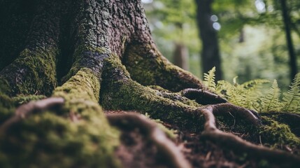 Moss-Covered Tree Roots in a Verdant Forest