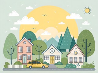 Naklejka premium Cute houses neighborhood illustration vector design for real estate ads