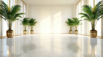 An elegant indoor setting featuring tall green plants in decorative pots, highlighted by the soft natural light that creates a serene and welcoming atmosphere.