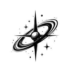 Monochrome cosmic entity with planetary ring and celestial sparkle graphic design © LgsDesign