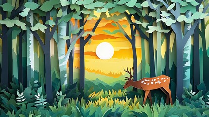Deer in sunset paper forest.