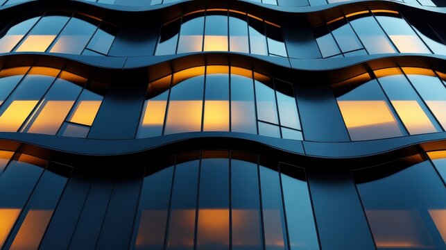 A striking modern building facade featuring wavy patterns and reflective glass that captures the interplay of light and architecture in a visually stunning manner.