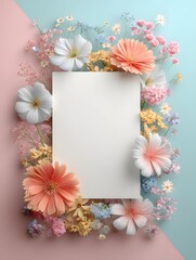 Obraz premium Delicate floral arrangement with peach and white blooms surrounding a blank vertical card on a split pastel pink and blue background creating a soft aesthetic look.