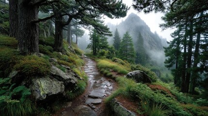 Obraz premium Foggy mountain path through pine forest nature scene serene environment tranquil viewpoint