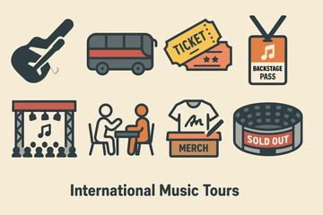 Naklejka premium Music and concert flat icons set – tour, festival, band and gig symbols