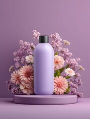 An elegant lavender bottle with a black cap stands on a matching podium, adorned with soft pink and lavender flowers against a light purple backdrop for advertising use.
