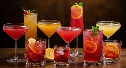 Assorted colorful cocktails displayed