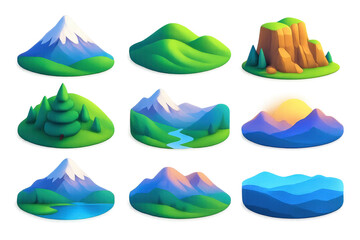 Y2k mountain landscape icons set – peaks, hills, sunset, river, forest, plateau. 3D icon set