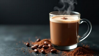 Steaming hot cocoa cascading into a clear mug, ingredients nearby on a dark surface , texture, ingredients