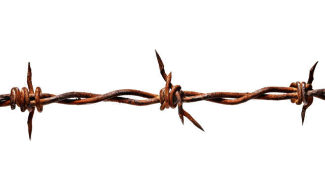 Rusty Barbed Wire isolated on transparent white background, clipping path