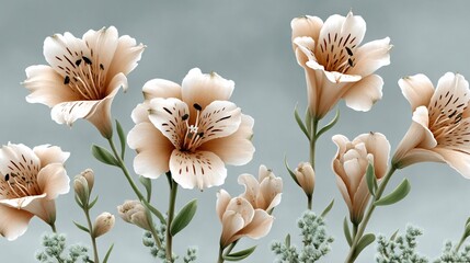 Fototapeta premium Elegant Cream-Colored Flowers with Delicate Petals and Green Leaves Against a Soft Background
