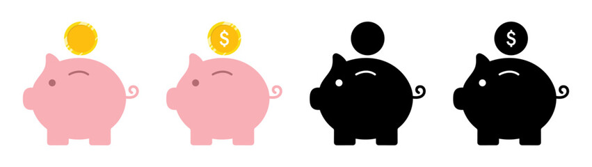 Flat piggy bank icons in pink and black with gold or black coins above, some with dollar signs. Clean design, ideal for finance, saving, budgeting, investment, or banking visuals. Piggy bank, icons.