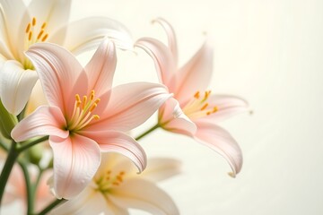 Elegant arrangement of delicate pink and white lily flowers in soft focus against a light background showcasing beauty