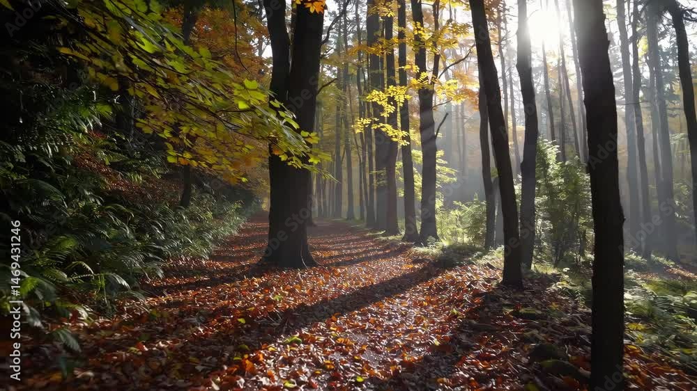 Poster sunlit forest path with autumn leaves and tree shadows in a tranquil woodland setting