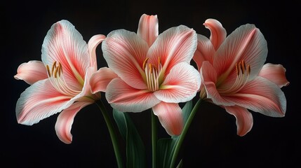 Close-up view of three delicate pink lilies against a black backdrop.