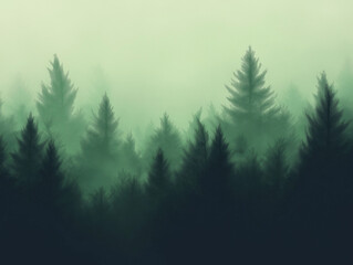Fototapeta premium Eerie Misty Evergreen Forest Landscape in Dark Teal and Green Blur Background.