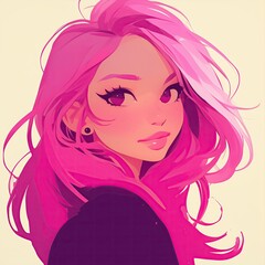 Cartoon illustration of glamorous kawaii girl with long pink hair.