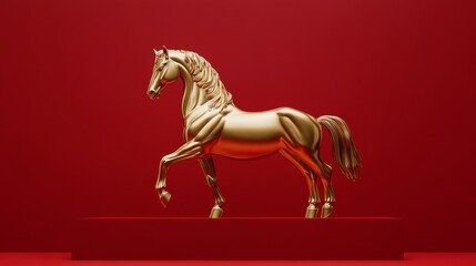 golden horse on red and white Chinese background. Chinese New Year.