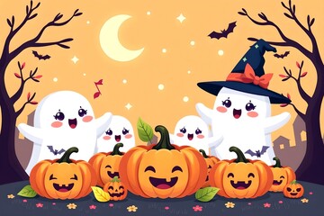 Adorable Halloween Ghosts and Pumpkins Celebrate Autumn Night Spooky Cute Cartoon Illustration for Festive Greetings