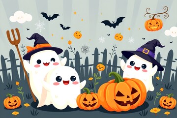 Adorable Halloween Ghosts with Pumpkins and Bats Festive Cartoon Illustration