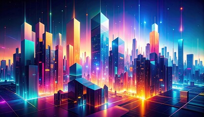 ネオンカラーと数字が彩る幾何学的な光景、前衛的に描かれた近未来都市