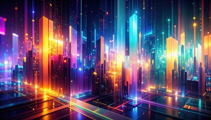 ネオンカラーと数字が彩る幾何学的な光景、前衛的に描かれた近未来都市
