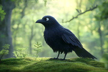 Fototapeta premium A solitary black crow stands on lush moss in a vibrant forest, surrounded by greenery
