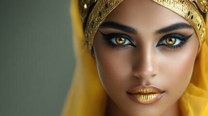 Egyptian goddess close-up with golden headdress, dramatic kohl eyes, divine regality.
