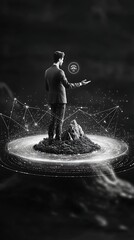 Businessman on a floating island, digital technology