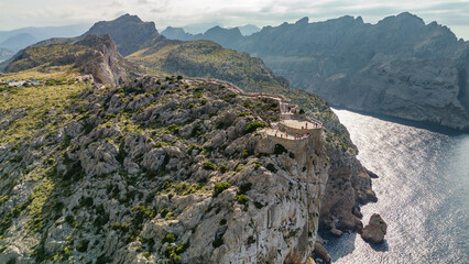 Aerial view of the Formentor lighthouse in Mallorca, Balearic Islands, Spain