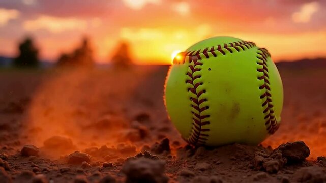 Softball on field at sunset: professional sports equipment photography and background image for athletes