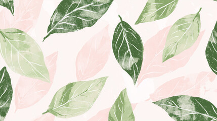 Obraz premium Green tea leaf pattern illustration with soft pastels creates calming and serene atmosphere, perfect for various design projects. blend of green and pink hues adds touch of elegance