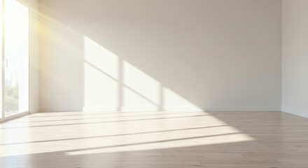 Sunlit room interior with hardwood floor and wall