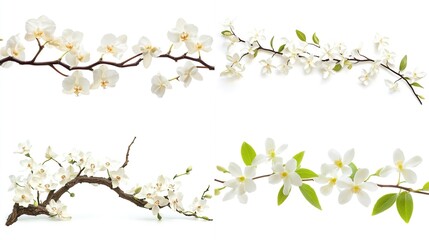 Four arrangements of delicate white blossoms on branches