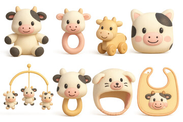 Adorable y2k cow toys icons set – plushie, teether, rattle, mobile, bib, cap. 3D icon set