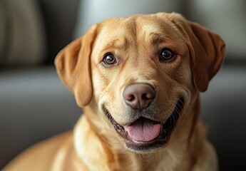 Happy Labrador Retriever Dog Sitting Indoors in a Cozy Environment with a Content Expression on Its Face