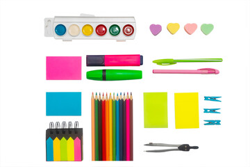 Flat lay with colorful school stationery on white background, top view