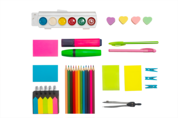 Flat lay with colorful school stationery on white background, top view