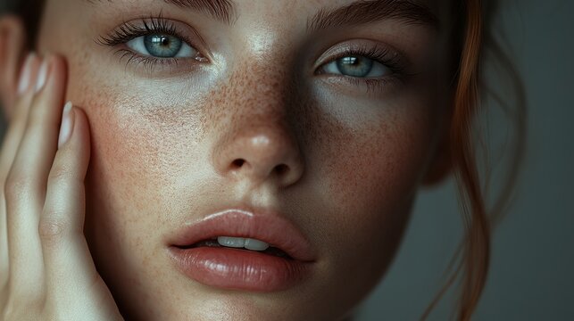 A close-up of a young woman with flawless, glowing skin, soft makeup, and an elegant expression